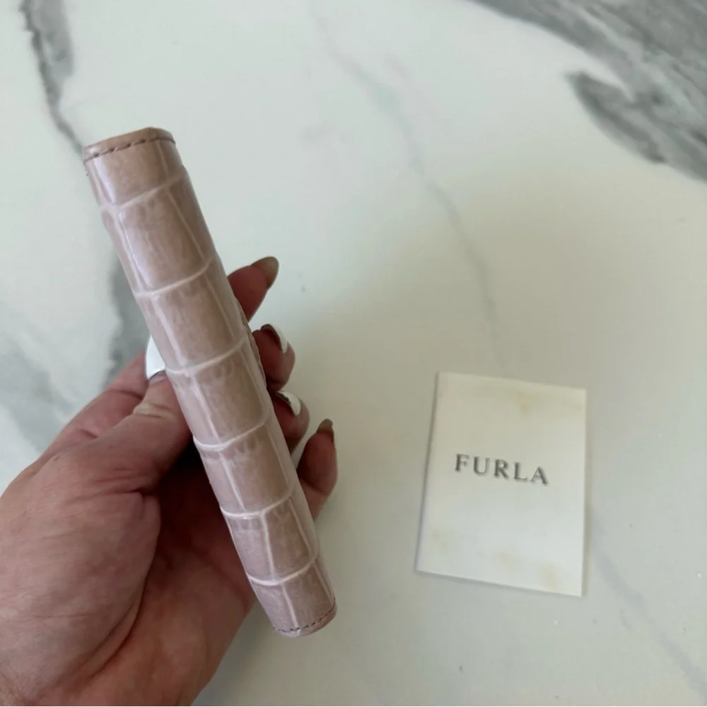 FURLA Baby Pink Croc-Embossed Leather Wallet – Genuine Leather, Button Closure